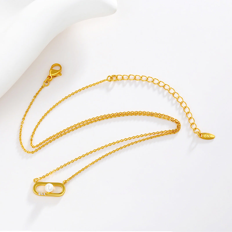 Jewelry gold oval imitation pearl simple geometric clavicle chain European and American niche temperament necklace jewelry