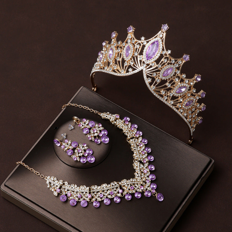 Purple Diamond  Retro Atmosphere Crown Wedding Bridal Tiara Dress Necklace Three-piece Wedding Accessories