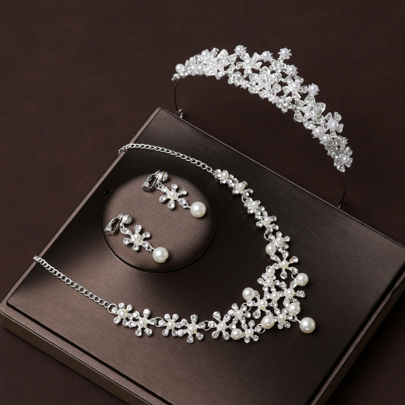 Bridal Wedding Crown Gift Princess Crown Pearl Necklace Earrings Three-Piece Set