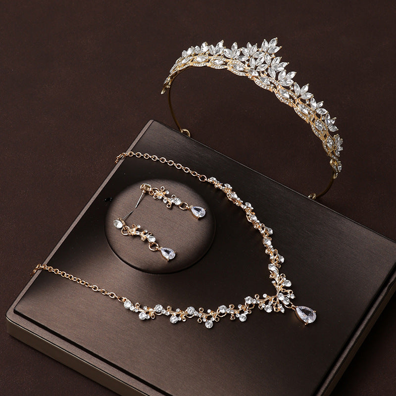 Wedding Crown Champagne Blonde Hoop Wedding Crown Style High-Grade Atmosphere Necklace Three-piece Set Female Bridal Headwear