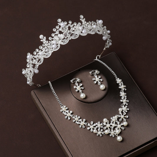 Luxury Accessories Princess  Crown Headband Bridal Tiara Pearl Necklace Three-Piece Set