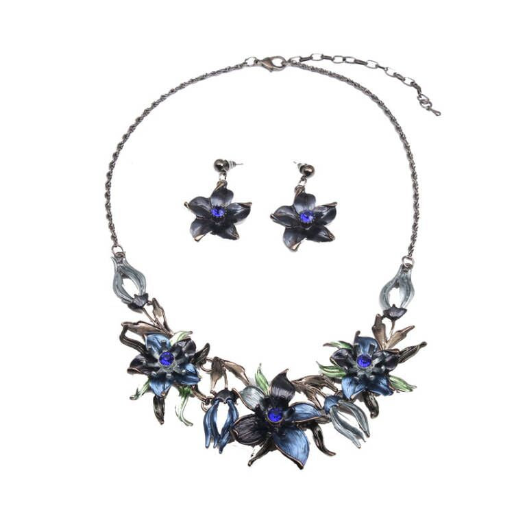 American blue three-dimensional diamond flower necklace and earrings set exaggerated