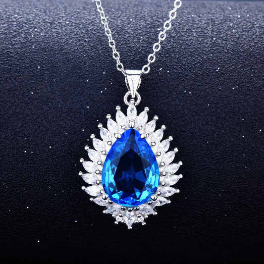 Romantic Sea Blue Water Drop Cubic Zirconia Necklaces Women Engagement Wedding Luxury Neck Accessories Statement Jewelry