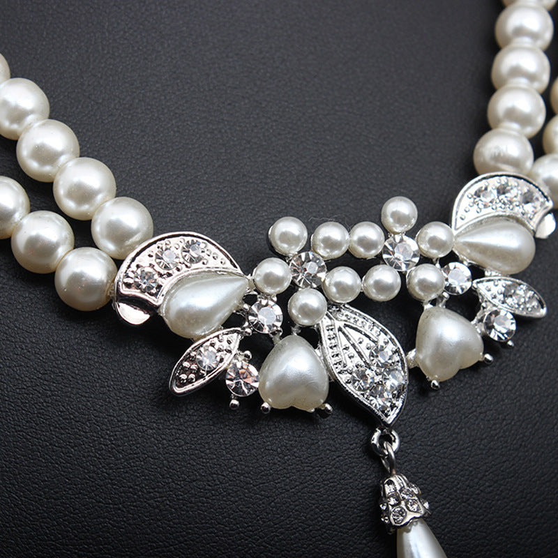 Pearl rhinestone necklace earrings set dress banquet bride female fashion