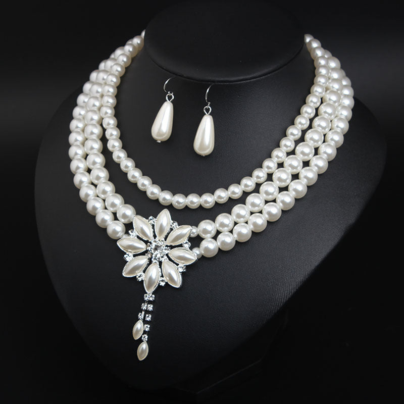 American multi-layered pearl flower necklace and earrings set women's fashion accessories