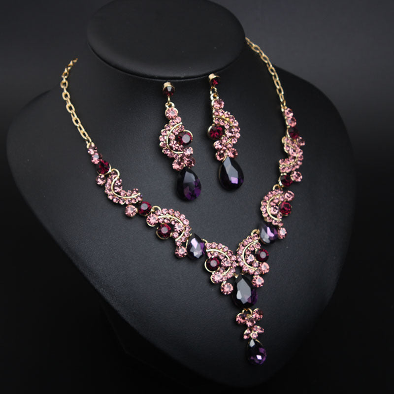 New Style European and American Light Luxury Crystal Simple Gemstone Necklace Earrings Set Dress Bride Female