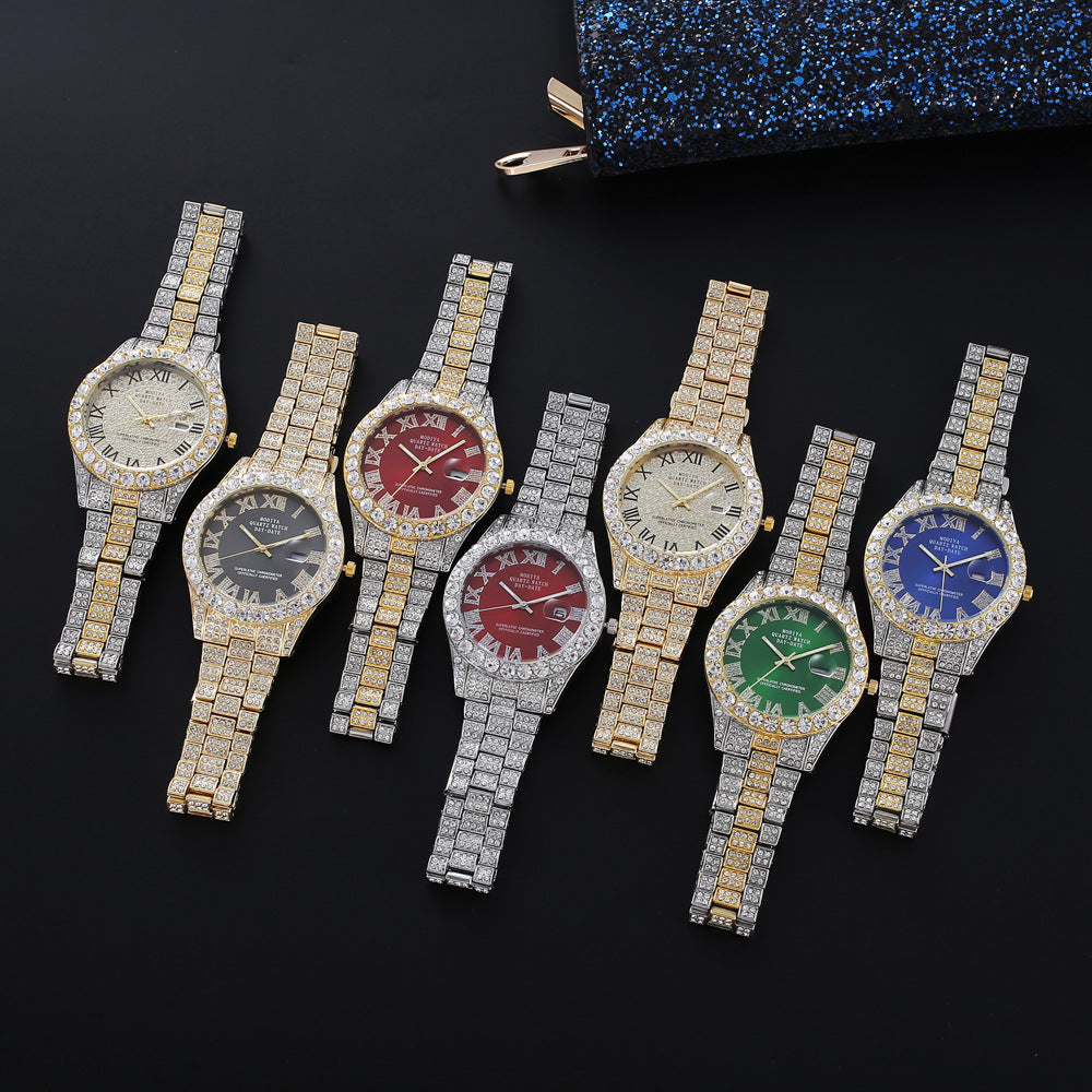 Luxury Classic Golden Men's Steel Strap Roman Scale Rhinestone Calendar Quartz Watch Fashion Male Wristwatch