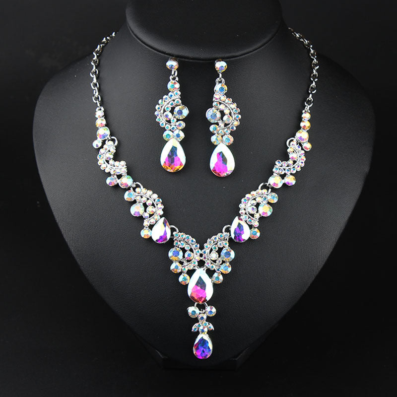 New Style European and American Light Luxury Crystal Simple Gemstone Necklace Earrings Set Dress Bride Female