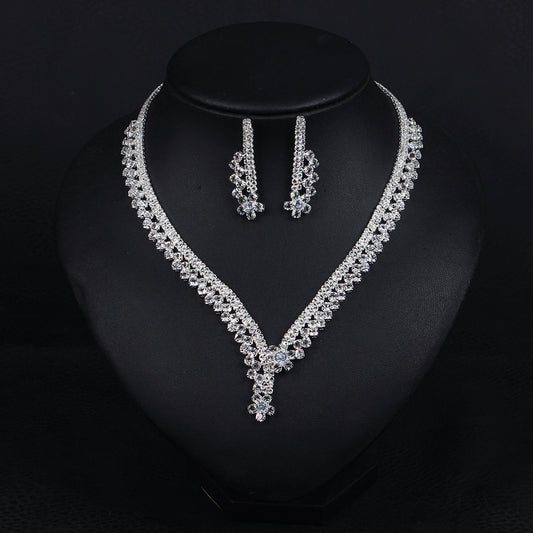 Small fresh light luxury full diamond zircon necklace earrings clavicle chain set bride wedding dinner dress