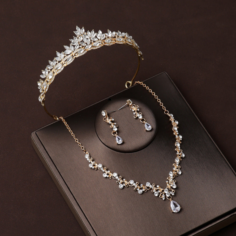 Wedding Crown Champagne Blonde Hoop Wedding Crown Style High-Grade Atmosphere Necklace Three-piece Set Female Bridal Headwear