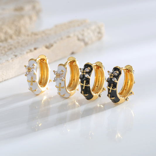 New Design Classic Zircon Flower Shape Black Enamel Gold Color Hoop Earrings For Party Women's Luxury Accessories Jewelry