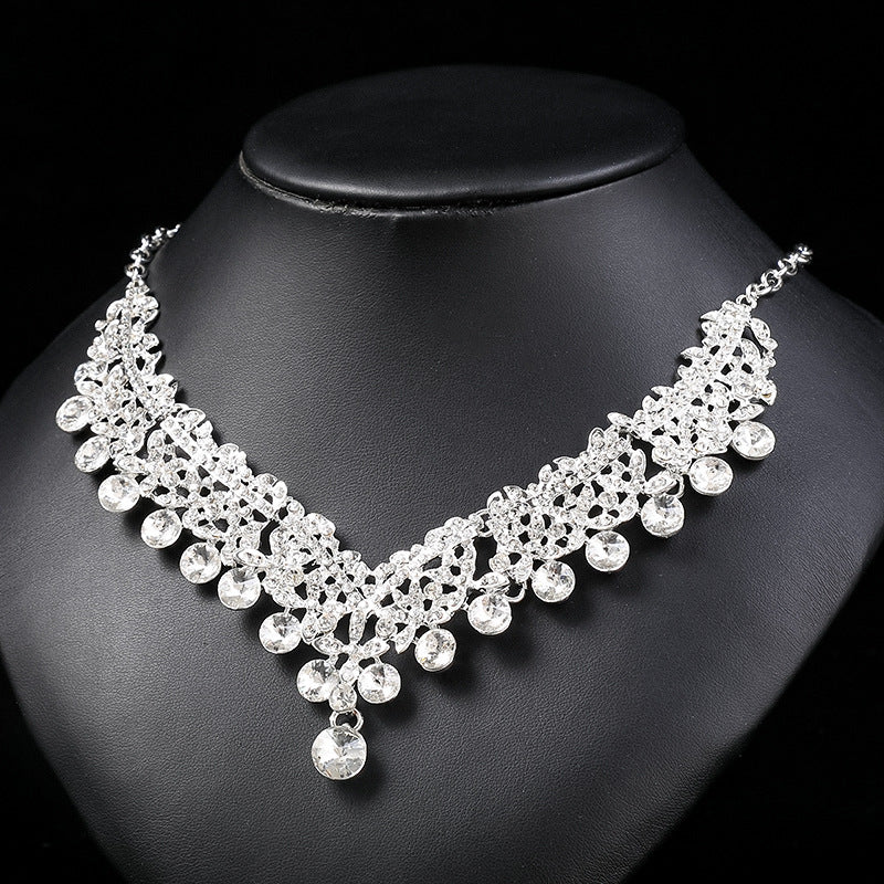 Crystal gems European and American bridal necklace earrings set wedding dress women's fashion accessories