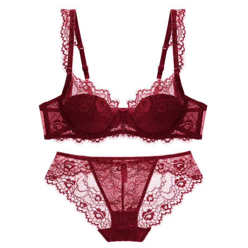 Women Lace Bra Thin Push-up Red Underwear Set French Style Pure Breasts Bra