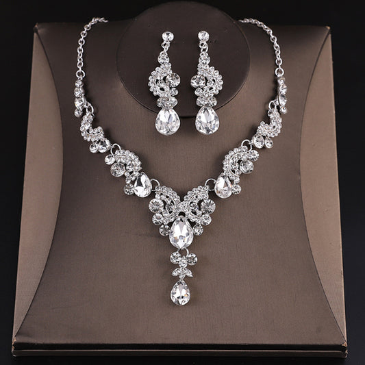 Bridal crystal necklace earrings set women's wedding dress matching jewelry