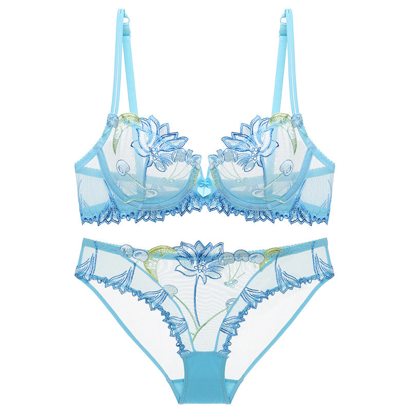 Women's Lace Embroidered Underwear Set Transparent Bra Breathable Push-up Large Size Bra Set