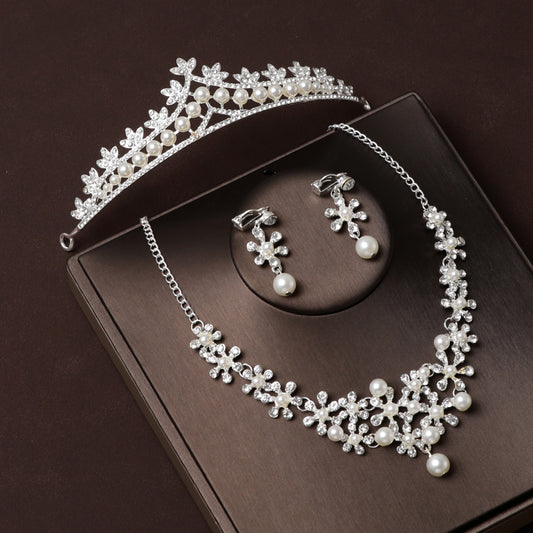 Wedding crown main wedding dress crown headband Korean style high-end and atmospheric pearl necklace three-piece set