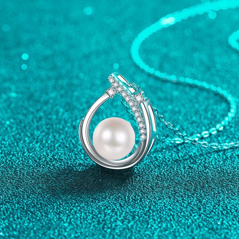 S925 Sterling Silver Necklace for Women 9 Points Moissanite 8-9MM Round Pearl Pendant Simple Fashion Commuter Neck Chain