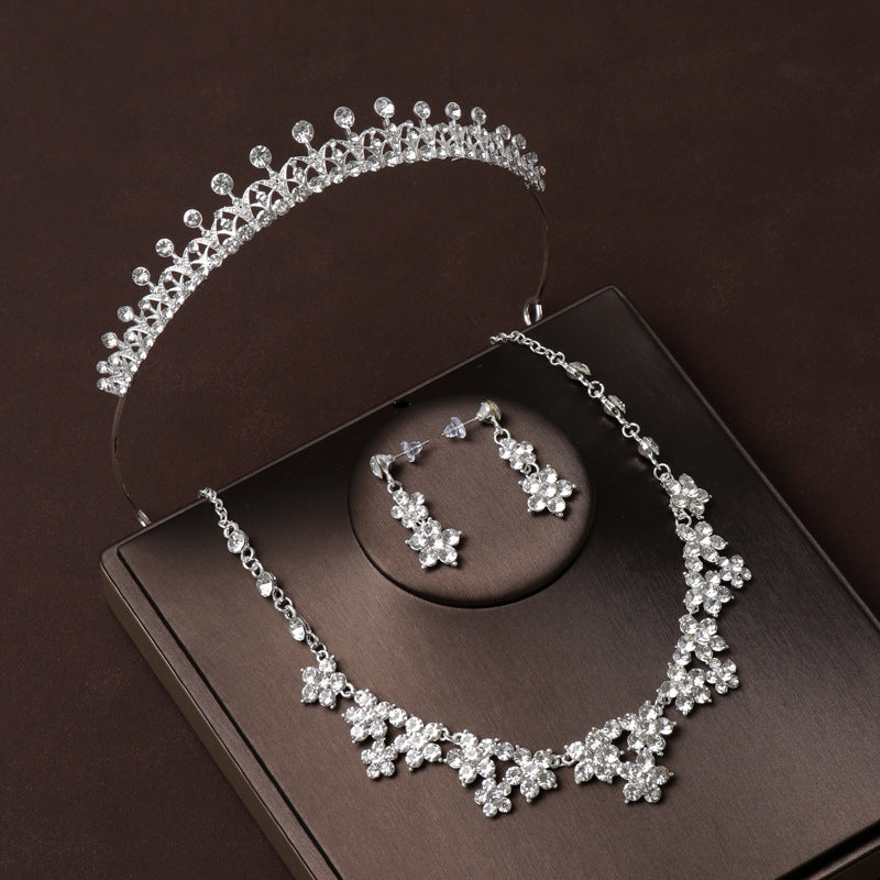 Fashionable wedding crown headband style high-end snowflake necklace three-piece set female bridal headwear