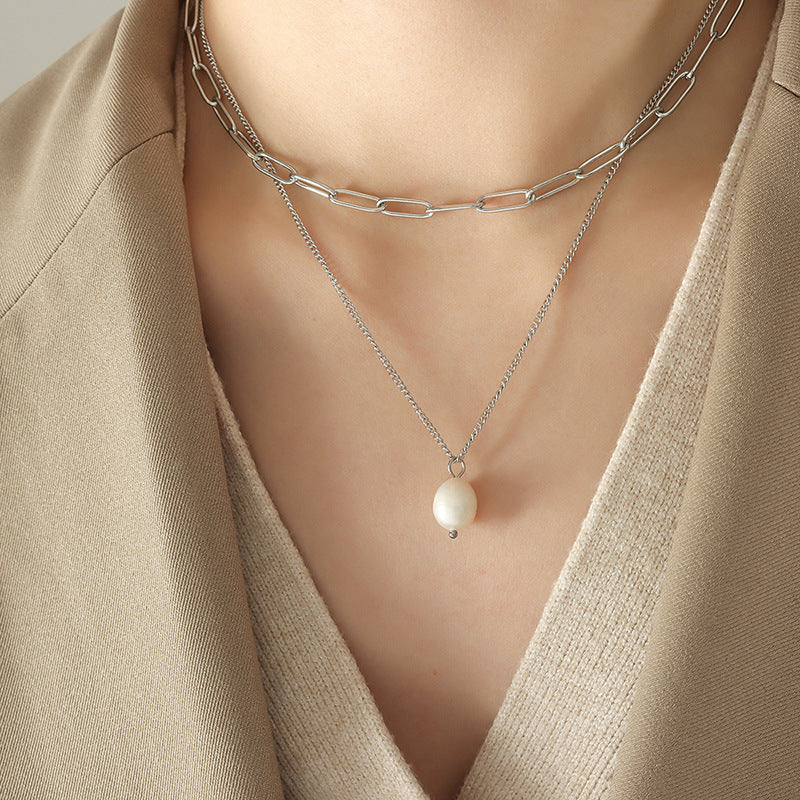 Classic Elegant Double Layer Freshwater Pearl Pendant Stainless Steel Choke Chain Necklace for Women