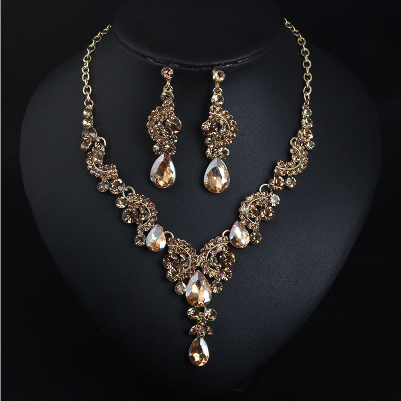 New Style European and American Light Luxury Crystal Simple Gemstone Necklace Earrings Set Dress Bride Female