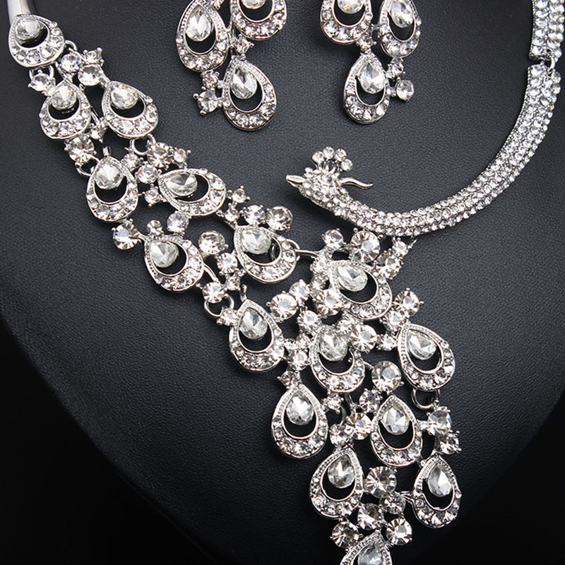 Transparent crystal peacock necklace earrings set bridal banquet dress female exaggerated accessories