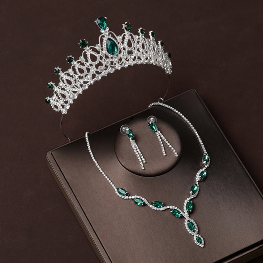 Green diamond bridal jewelry necklace earrings set wedding crown three-piece set wedding accessories