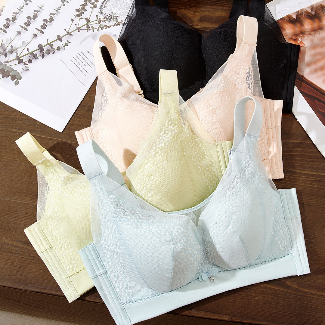 Spring and summer new style big breasts showing small breathable sandwich rimless paper thin cup push-up and side breast underwear women's bra