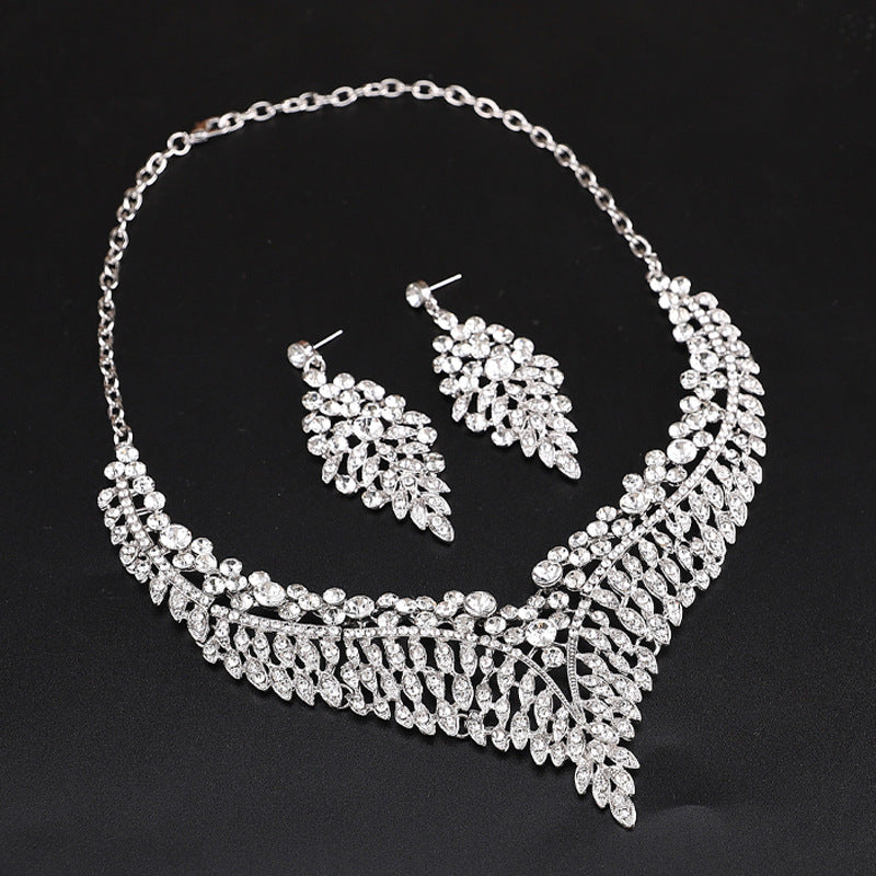 Luxury necklace and earrings set, fashionable and popular alloy full diamond leaves, bridal dress