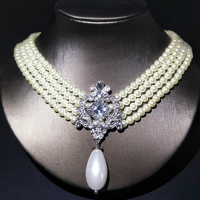 Vintage Statement Crystal Choker Gothic Pearl Necklace Pendant Jewelry for Women