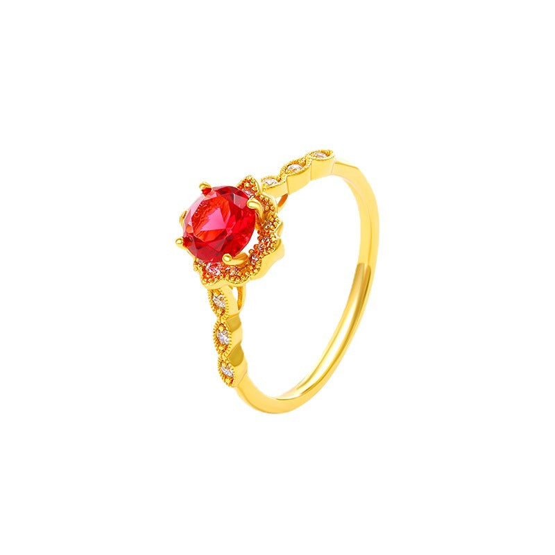 Jewelry cross-border French retro light luxury niche design pomegranate red four-claw artificial gemstone ring