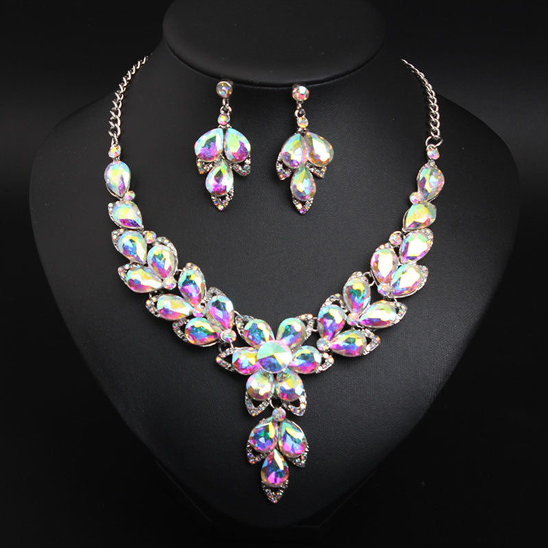 Crystal Flower Choker Rhinestone Necklace Earrings Set Women Collar Statement Jewelry Bride Wedding Party Accessories