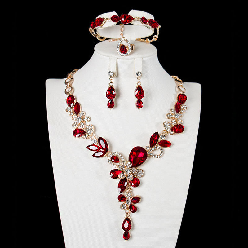 American sparkling crystal gem necklace collarbone set four-piece jewelry exaggerated bridal dress female accessories