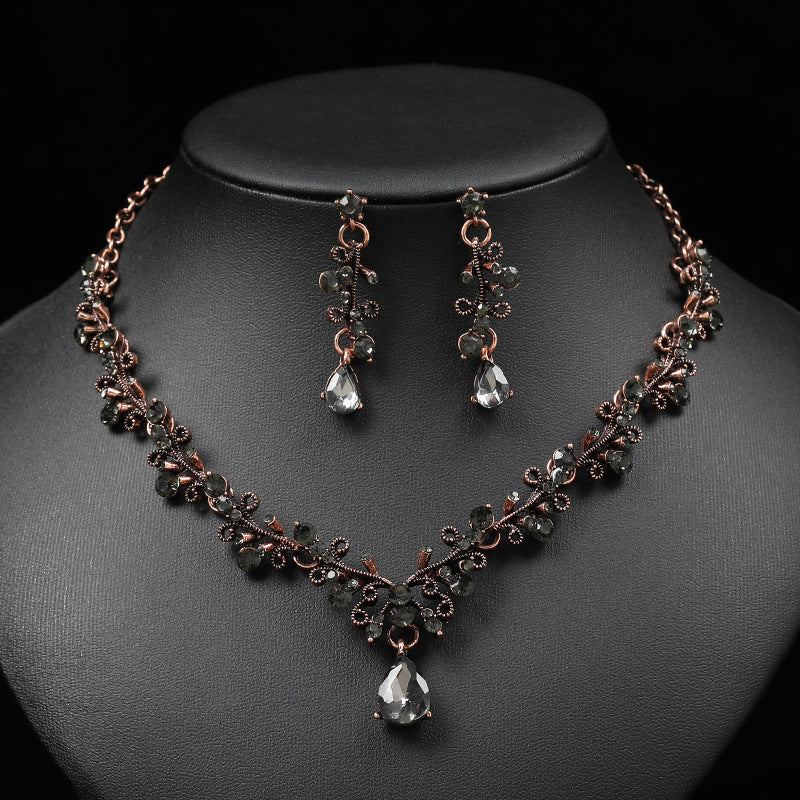 Leaf & Water Drop Gemstone Necklace & Collarbone Chain Vintage Jewelry Set For Women