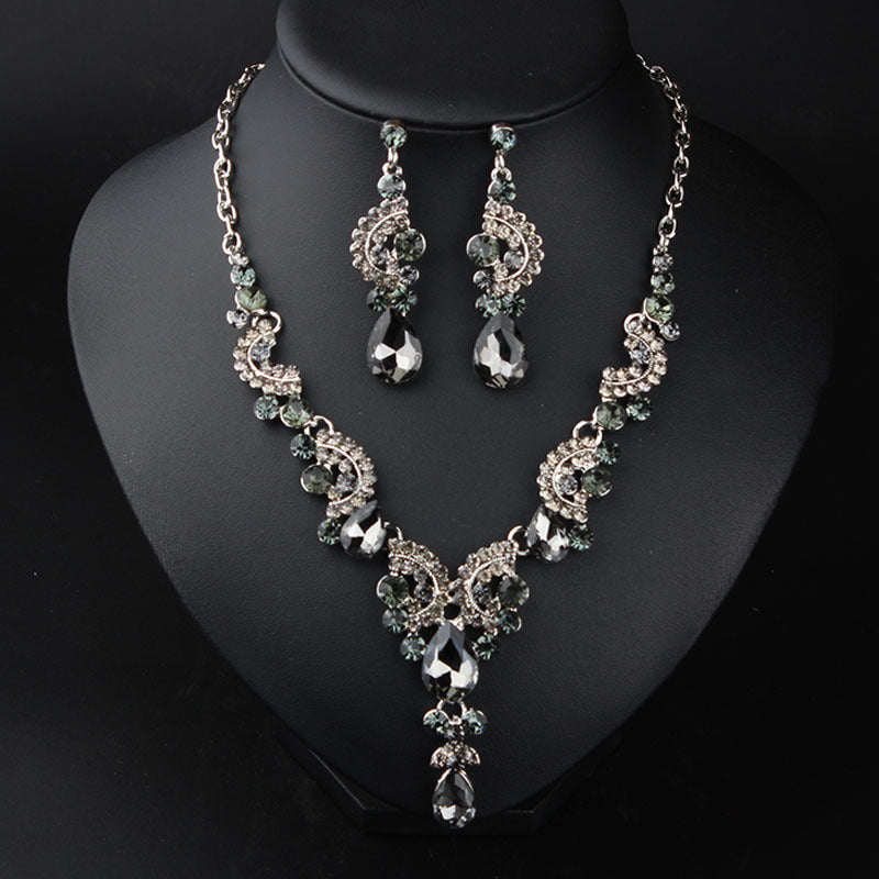 New Style European and American Light Luxury Crystal Simple Gemstone Necklace Earrings Set Dress Bride Female