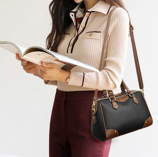 Genuine leather handbag women's new large capacity contrasting color middle-aged mother's bag temperament soft leather shoulder fashion versatile bag