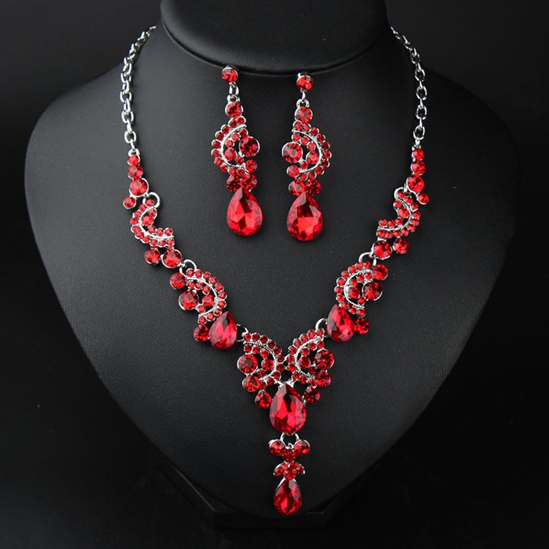 New Style European and American Light Luxury Crystal Simple Gemstone Necklace Earrings Set Dress Bride Female