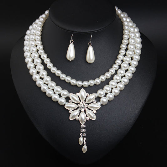 American multi-layered pearl flower necklace and earrings set women's fashion accessories