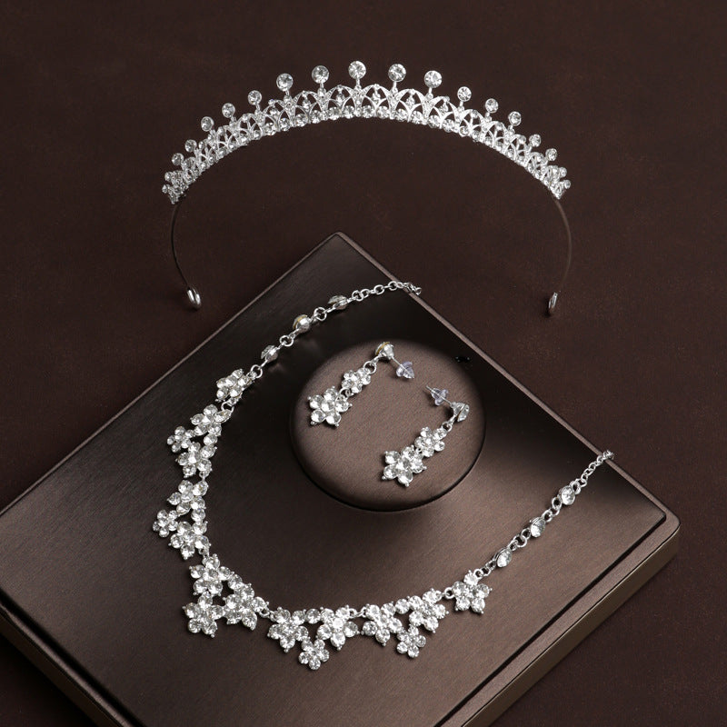 Fashionable wedding crown headband style high-end snowflake necklace three-piece set female bridal headwear