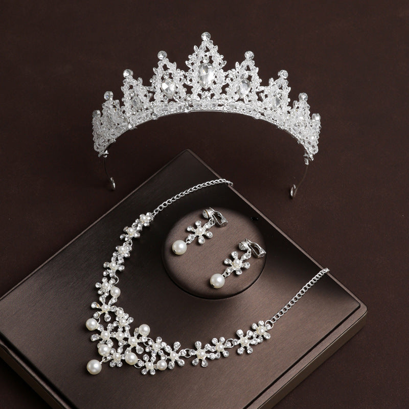 Handmade Crown Bridal Headwear Main Wedding Necklace Three-piece Set Luxurious Luxurious Birthday Crown for Married Women