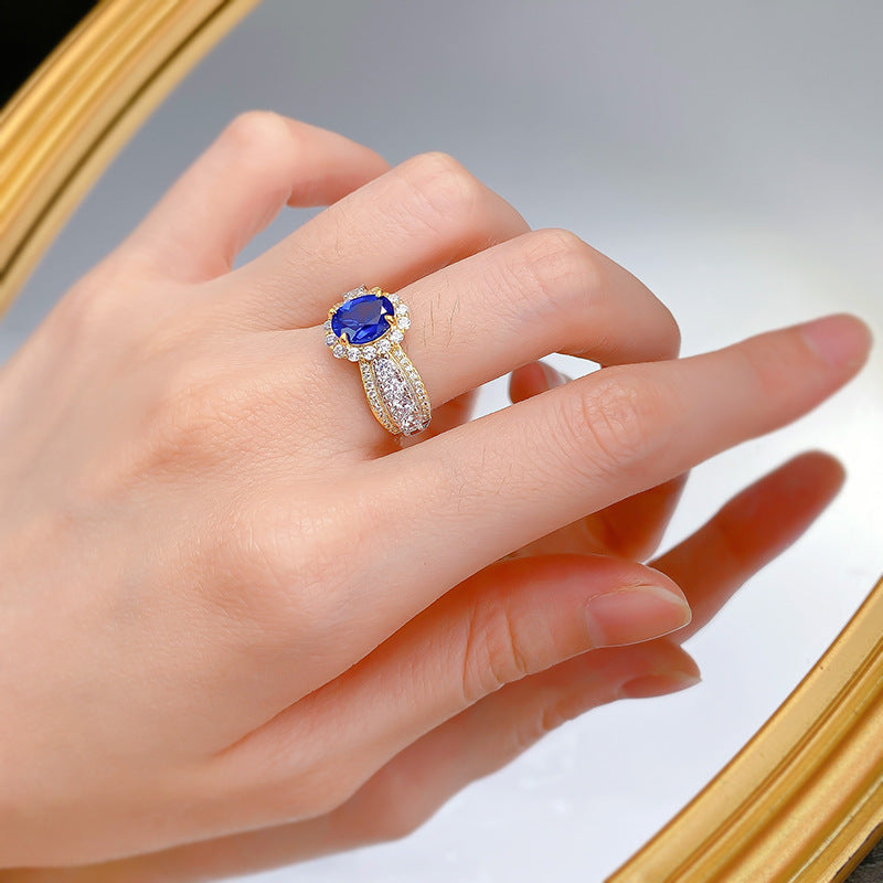 French lace edge simulated sapphire tail ring oval ring fashion ins index finger ring women's accessories