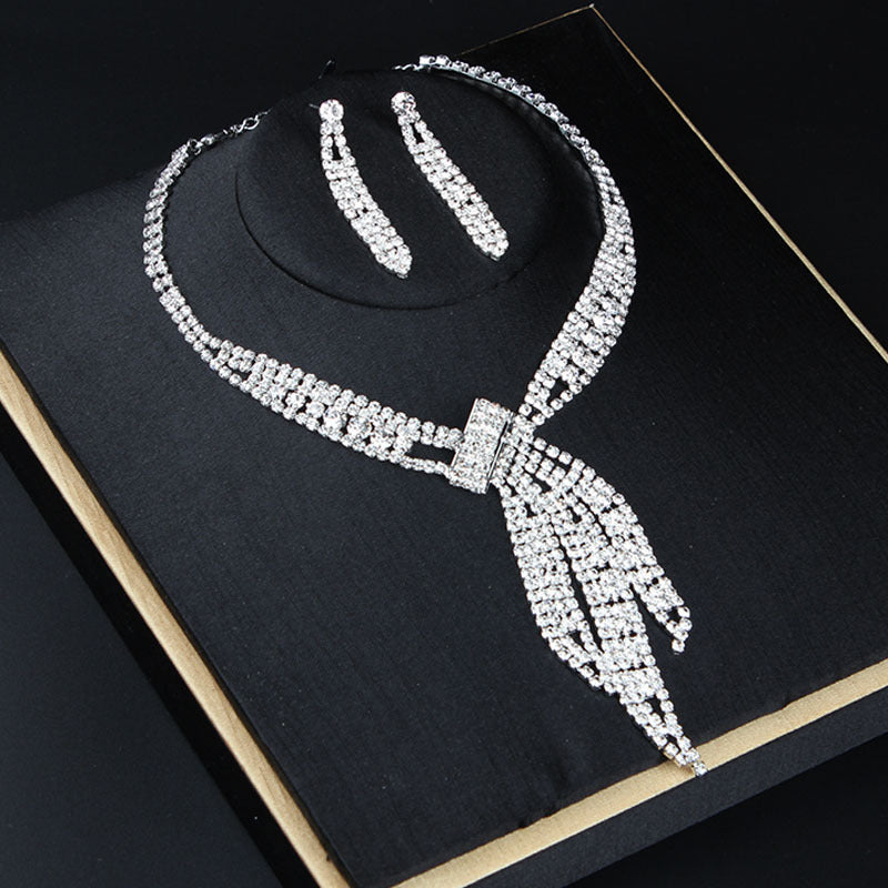 Temperament simple rhinestone tassel necklace earrings set women's banquet dress