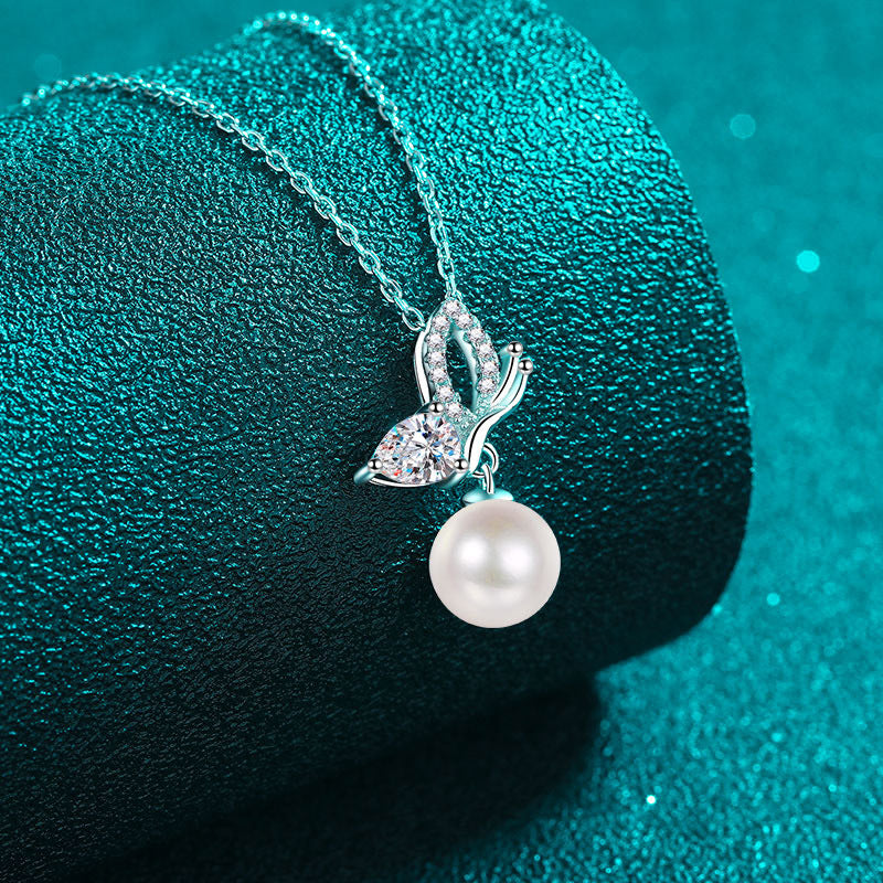 S925 Silver Moissanite Pearl Necklace Female Butterfly Wings Pendant Fresh and Sweet Girly Style Clavicle Chain