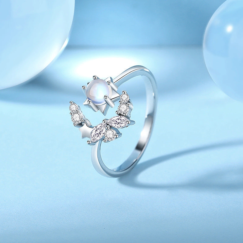 New star and moon bestie ring women's s925 sterling silver fairy style colorful glass stone ring opening adjustable