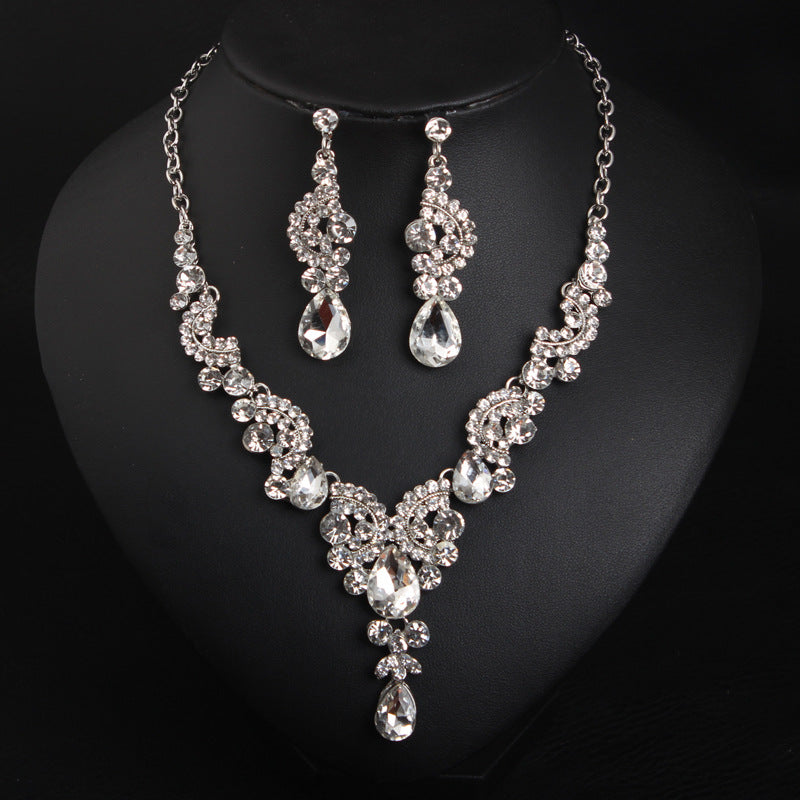 New Style European and American Light Luxury Crystal Simple Gemstone Necklace Earrings Set Dress Bride Female