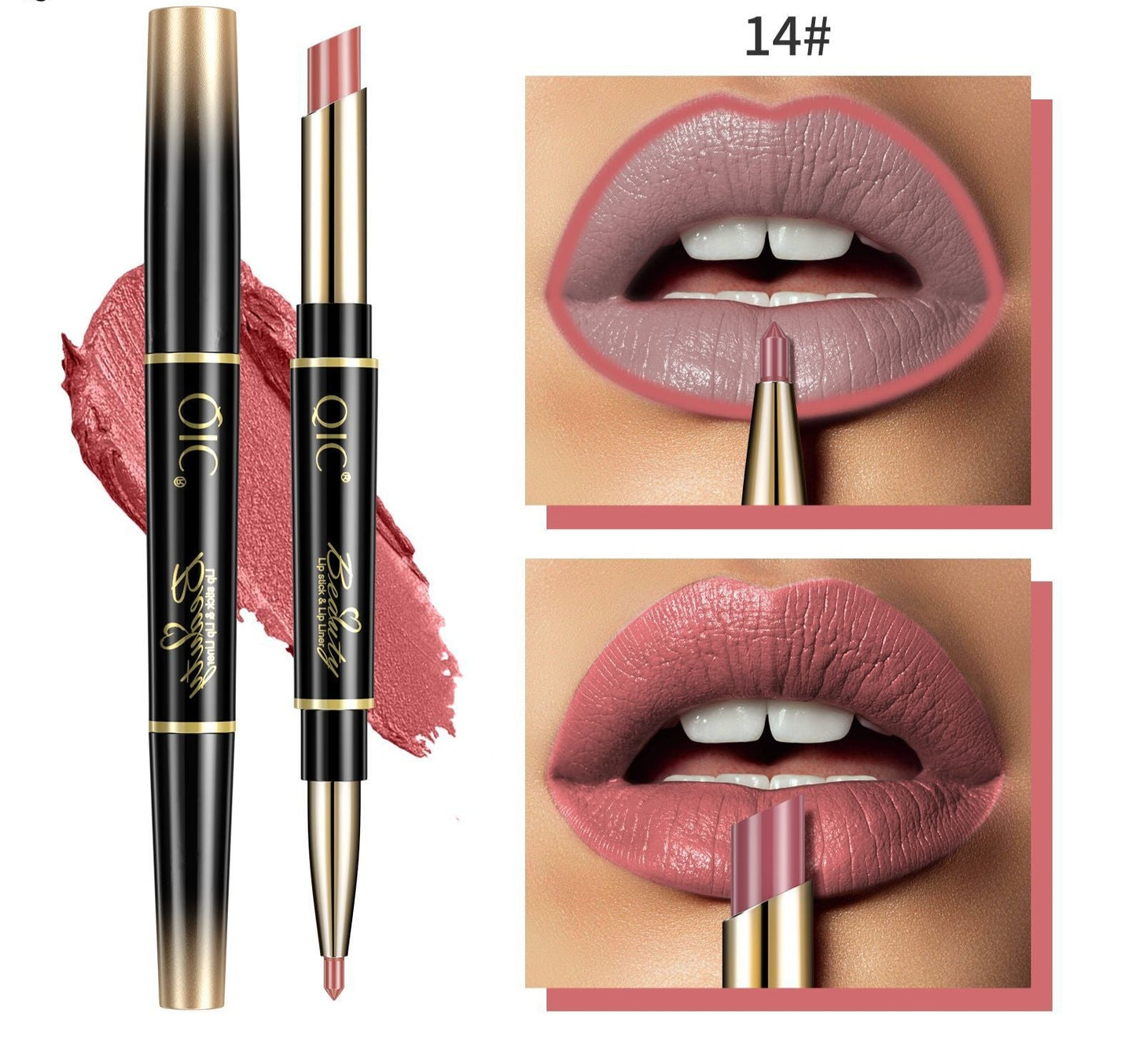 2In1 High-quality Pen Lips Matte Waterproof Long Lasting Permanent Lipstick with A Contour Pencil Makeup Cosmetics Pack of 14 (1 pc each color)