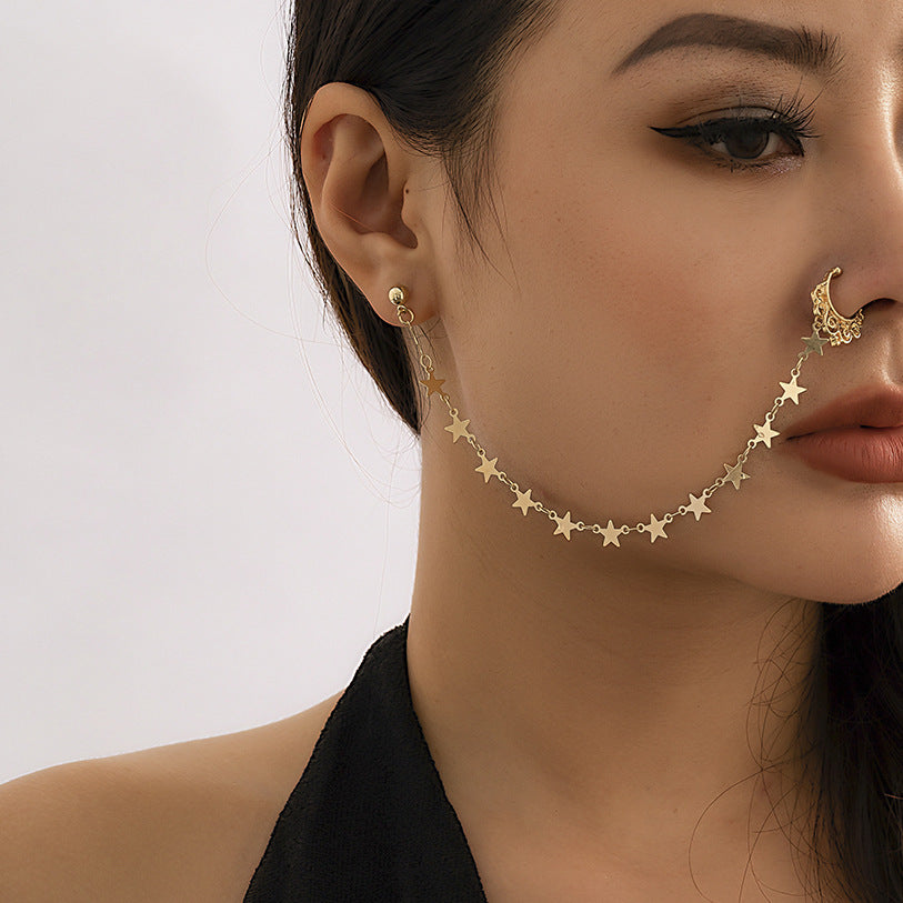 Piercing Nose Clip for Women Creative Pearl Star Leaf Tassel Chain Earring Bohemia Nose Clips Jewelry Accessories