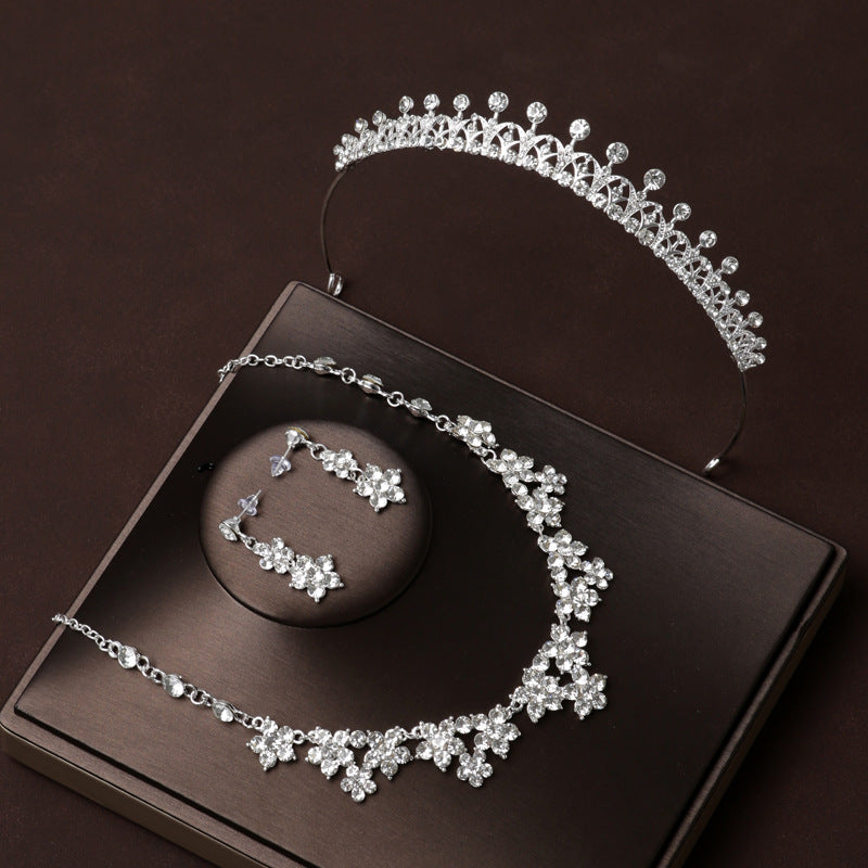 Fashionable wedding crown headband style high-end snowflake necklace three-piece set female bridal headwear