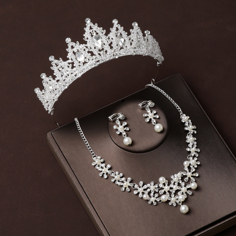 Handmade Crown Bridal Headwear Main Wedding Necklace Three-piece Set Luxurious Luxurious Birthday Crown for Married Women