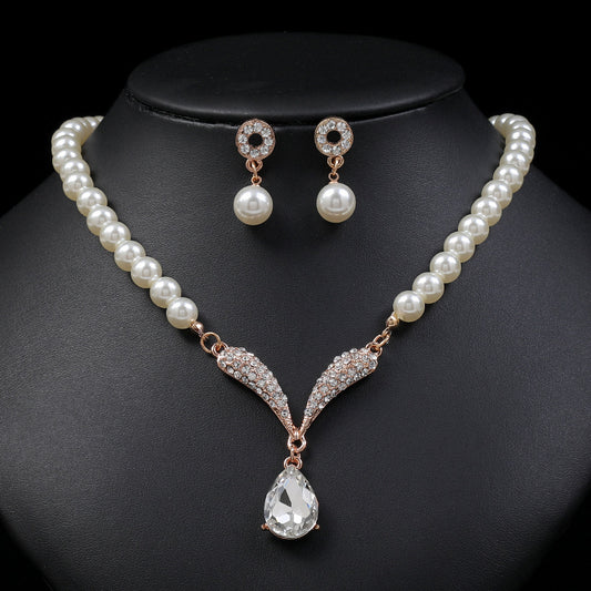 Fashion Jewelry Sets for Women Rhinestone Pearls Pendant Choker Necklace Earrings Set Wedding Jewelry