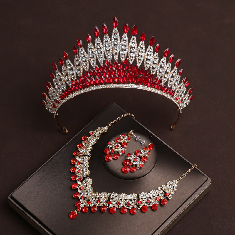 Red diamond retro atmosphere high-end wedding necklace crown tiara bride three-piece set main wedding accessories